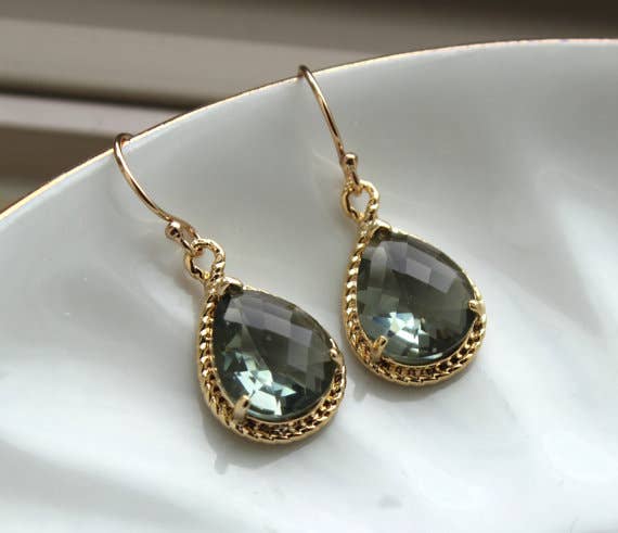 Laalee Jewelry - Charcoal Gray Earrings Gold Teardrop