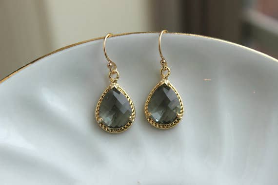 Laalee Jewelry - Charcoal Gray Earrings Gold Teardrop