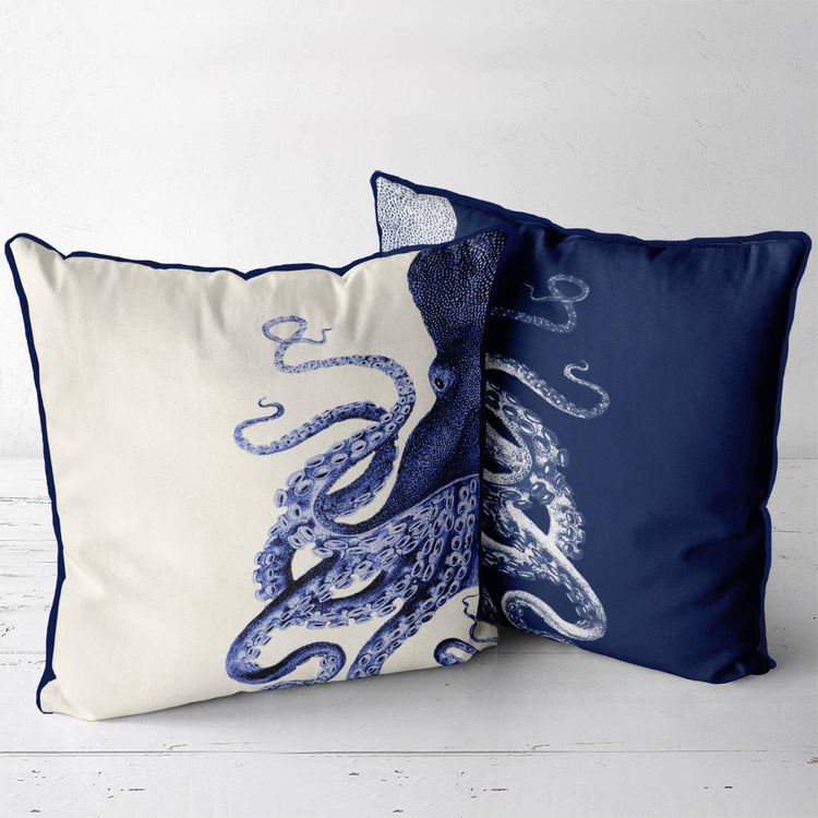 Blue & Cream Octopus,  Nautical Coastal Pillow
