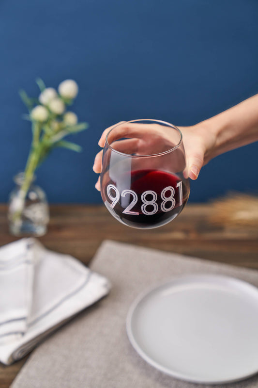 Personalized Area /Zip Code Etched Stemless Wine Glass - 912