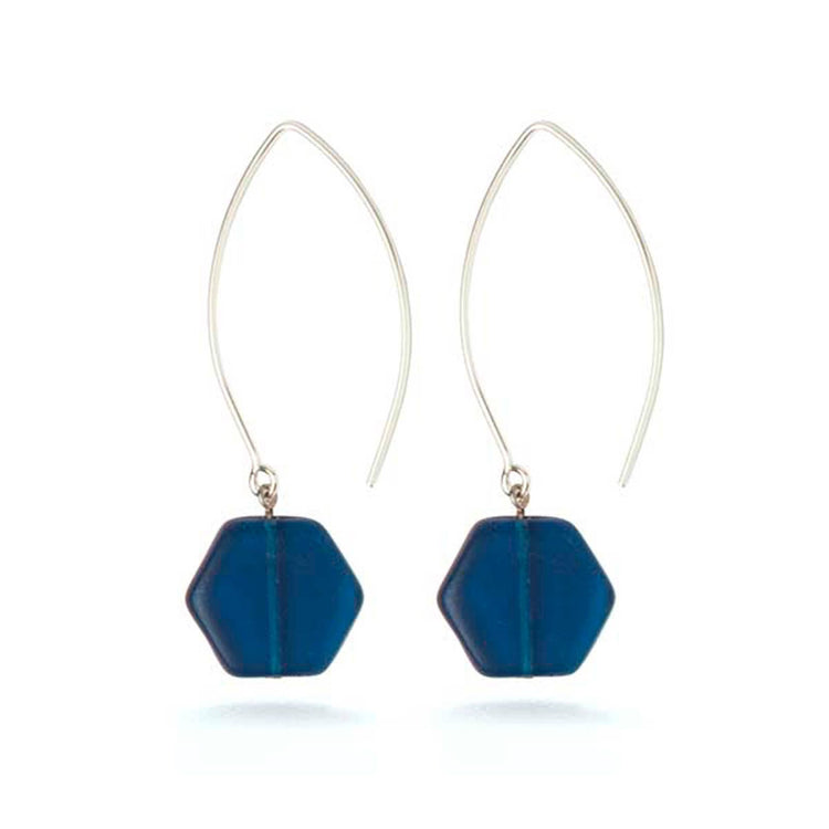 Blue Glass Hexagon Earrings